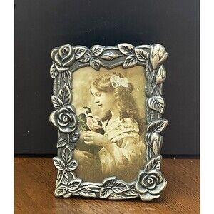 Photo Frame Ornate Pewter Floral Rose Design Miniature  3.5” x 2.5” Freestanding